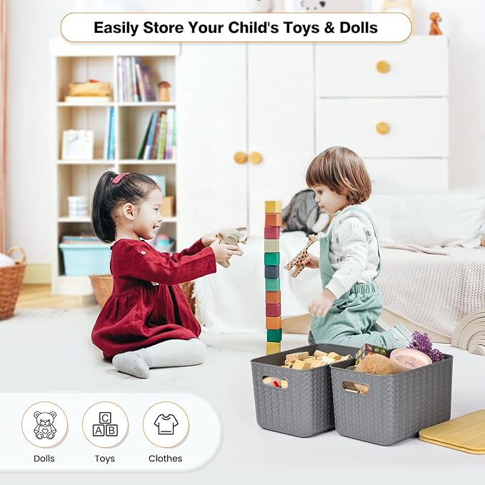 Ohmlove 4 Packs Storage Bins with Bamboo Lids - Plastic Storage Containers with Lids Stackable Storage Box：Storage Baskets for Organizing Desktop Closet Playroom Classroom Office,Gray - Image 6