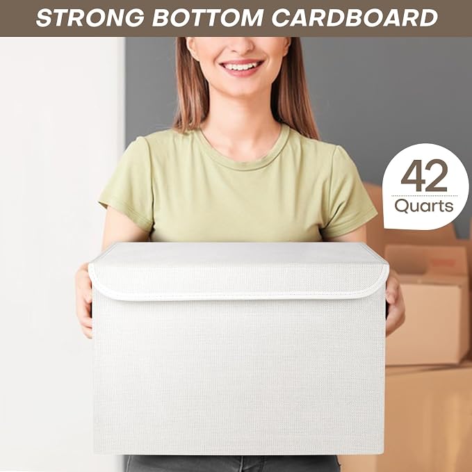 Bagnizer Large 42 Quarts Fabric Storage Bins with Lids [2-Pack] Linen Collapsible Foldable Storage Cubes, Closet Organizer Containers boxes with Handles for Home Office (16.7 x 12 x 12, White) - Image 6