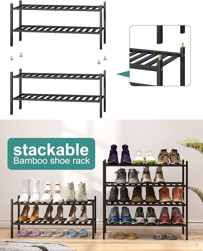 viewcare 2-Tier Black Bamboo Shoe Rack for Entryway, Stackable | Foldable | Natural, Shoe Shelf Storage Organizer for Hallway Closet, Free Standing Shoe Racks for Indoor Outdoor - Image 5