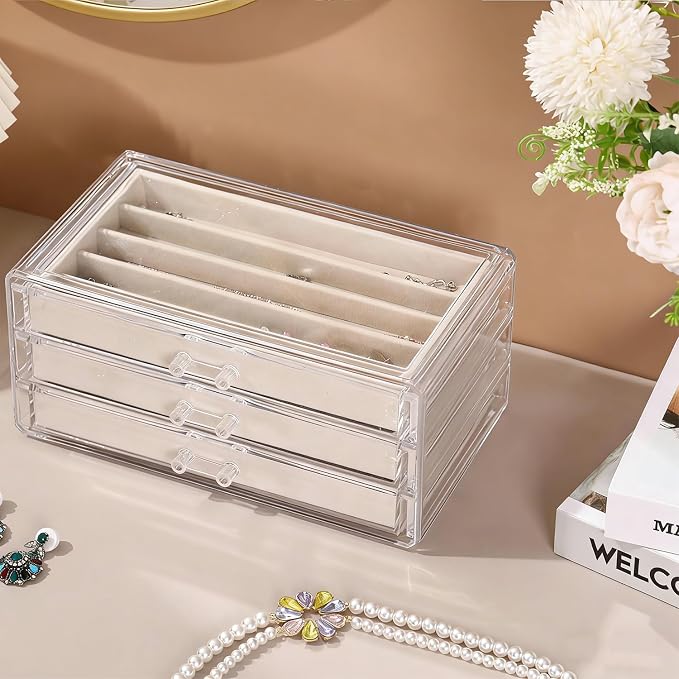 CLUQMEIK Necklace Organizer Box with Clear Lid, Dustproof Velvet Jewelry Holder Storage Display Case, Stackable Acrylic Necklace Tray Drawer Insert for Women and Girls (Beige,3 Drawers) - Image 2