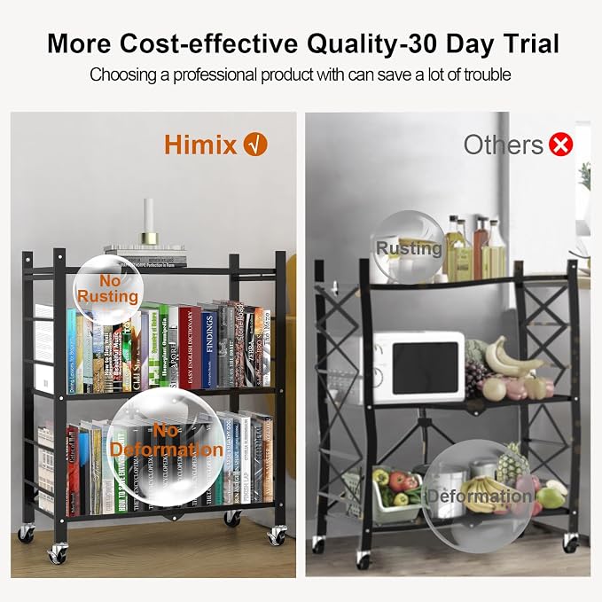 Himix Storage Shelves with 6 Hooks, 3 Tier Foldable Shelf with Wheels, Metal Storage Shelving Unit Rolling Cart, Utility Shelf Rack Organization Shelves for Pantry, Kitchen, Black - No Assembly - Image 7