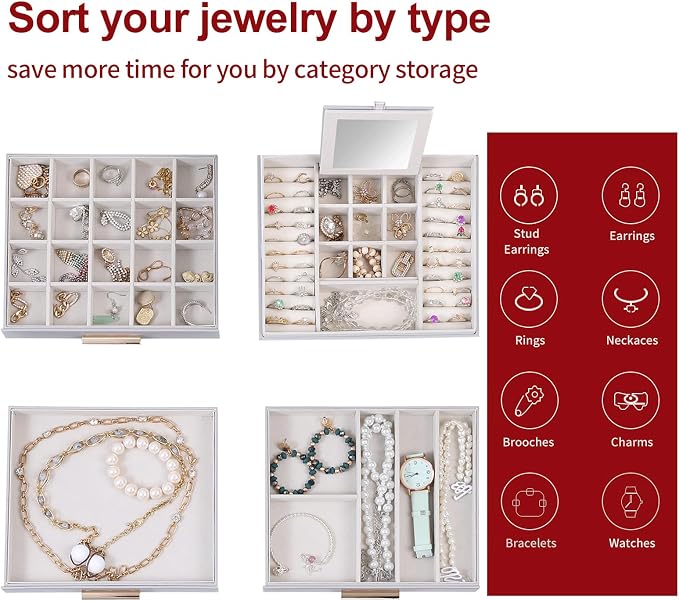 BOOVO Clear Lid Jewelry Box,4 Layers Jewelry Organizer Large Jewelry Storage Box with 3 Drawers,Jewelry Holder Organzier of Rings Earrings Necklace Bracelets for Women (Grey, 4 Layer) - Image 3