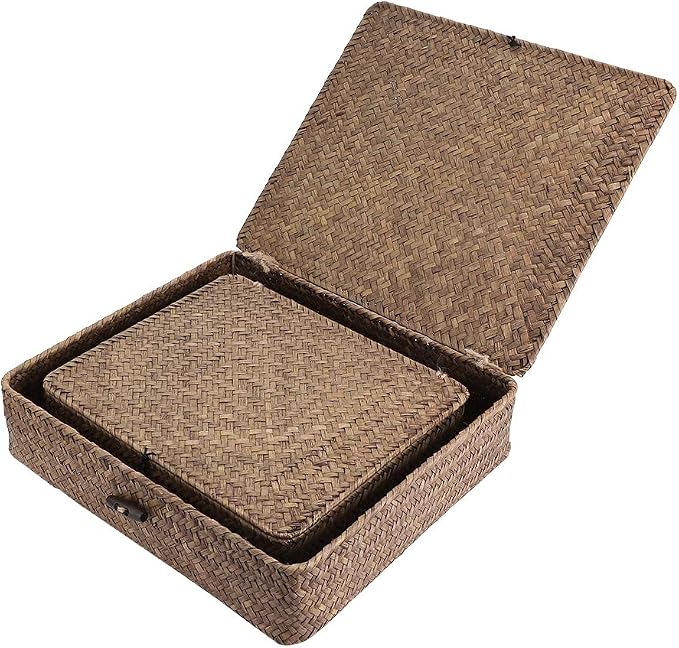 Hipiwe Set of 2 Flat Woven Wicker Storage Bins with Lid Natural Seagrass Basket Multipurpose Home Boxes for Shelf Organizer (Coffee) - Image 4
