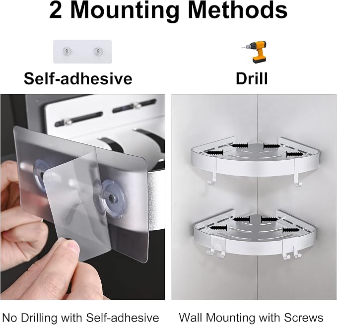 DUFU Adhesive Corner Shower Caddy with Hooks,Bathroom Shower Organizer, No Drilling Rust Proof Aluminum Shower Shelf for Inside Shower 2 Pack (Silver) - Image 4