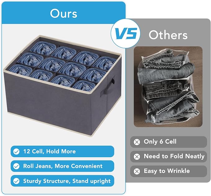 3 Pcs 12 Cell Large Size Pants Organizers for Clothes, Jeans, Sweater, T-shirt, Dress Stackable for Wardrobe Closet Drawer Organizer Storage Bin Container, Dark Grey - Image 3