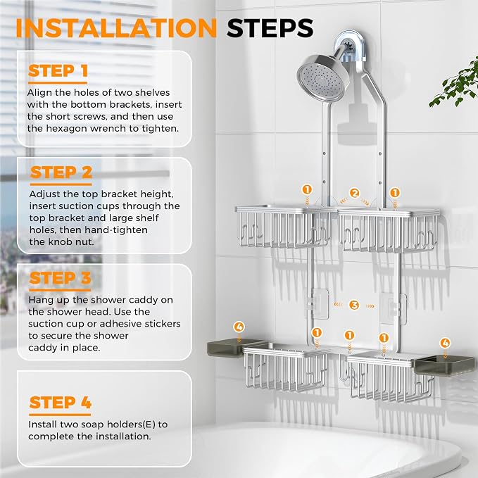 REINHARDT Aluminum Shower Caddy Hanging Adjustable Shower Caddy, Rustproof Hanging Shower Organizer with Hooks Soap Holders, Over Shower Head Caddy for Handheld Showerhead, Silver - Image 8