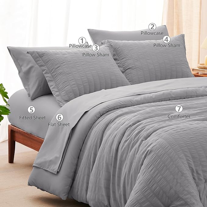 CozyLux King Size Comforter Set Grey Seersucker 7 Pieces Bed in a Bag King Comforter Set with Sheets, Gray Luxury Soft Bedding Sets with Down Alternative Comforter, Sheets, Pillowcases & Shams