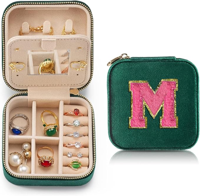Personalized Velvet Travel Jewelry Case Box For Women Ring Necklace Earring Holder Organizer with Mirror Green Girls Box Birthday Gifts Mom Initial M by HKDSGF