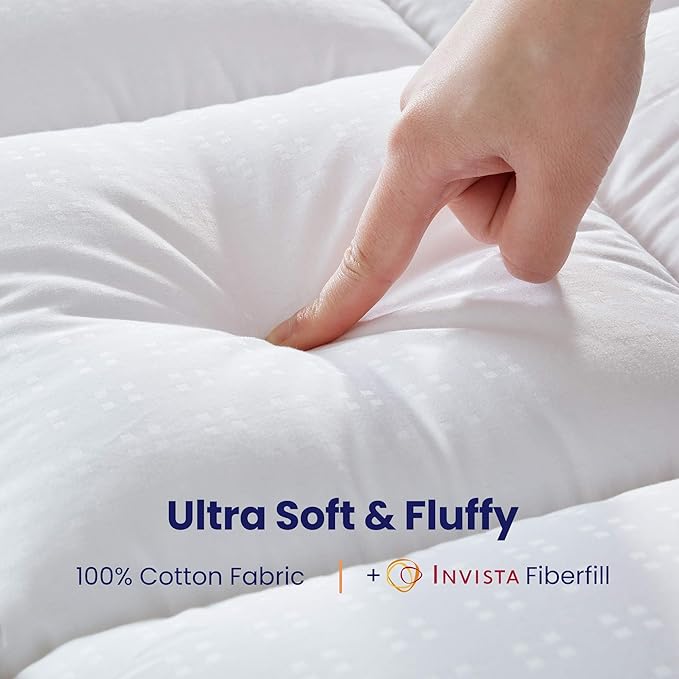 SLEEP ZONE Full Cotton Mattress Topper, Ultra Fluffy Soft Mattress Pad Pillowtop Cooling Mattress Cover Fits 8-21 inch Deep Pocket, White