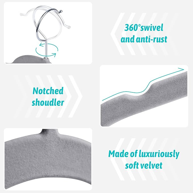 Sishynio Premium Velvet Shirt Hangers 50 Pack, Space-Saving Non-Slip Felt Hanger with 360° Swivel Hook, Slim Flocked Hangers for Strappy Dresses, Blouses, Tank Tops(Grey) - Image 2
