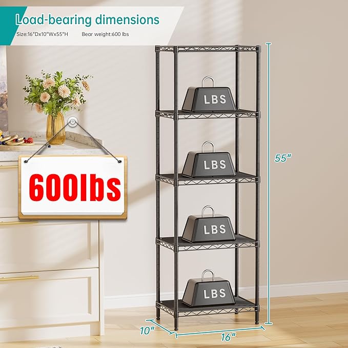 SINGAYE Metal Shelves Wire Shelving：Storage Rack Standing Units Shelf for Kitchen Laundry Bathroom Closet Organizers Pantry Narrow Mesh Adjustable 10" D x 16" W x 55" H Black - Image 3