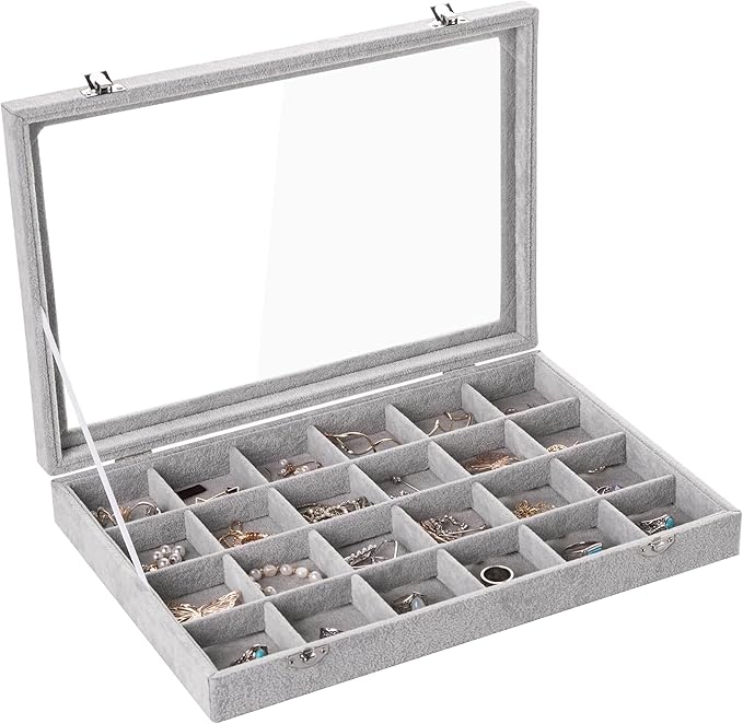 Frebeauty Velvet Jewelry Tray,24 Grid Jewelry Organizer with Clear Lid,Earring Holder Organizer with Clasp,Drawer Insert Rings Pendants Brooches,13.8 x 9.5 x 2 Inches,Gift for Women Girls(Grey) by Frebeauty