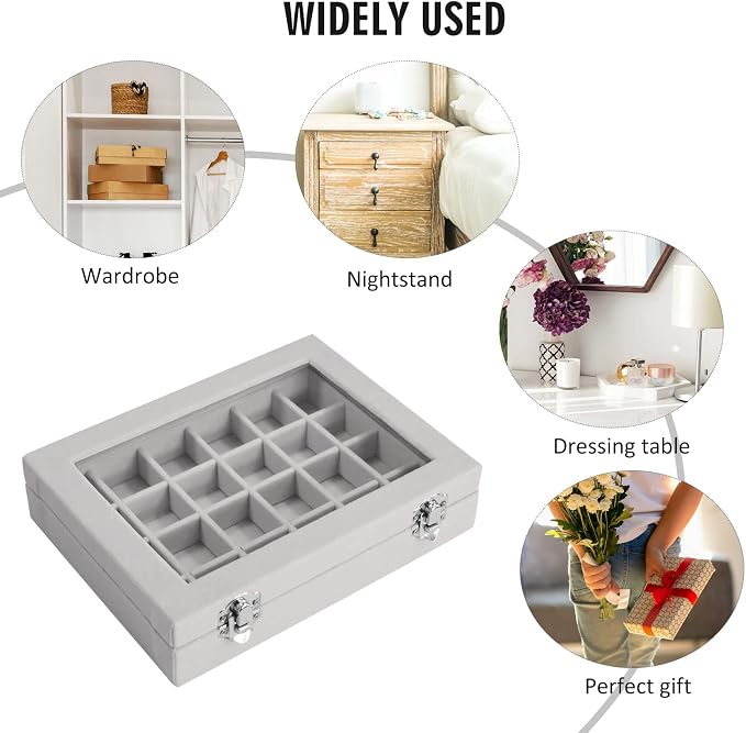 Vicoter Velvet Jewelry Box 24 Grid Jewelry Ring Display Organiser Box Tray Holder Earrings Storage Case for Girls Wife Mom Women (Gray) - Image 6