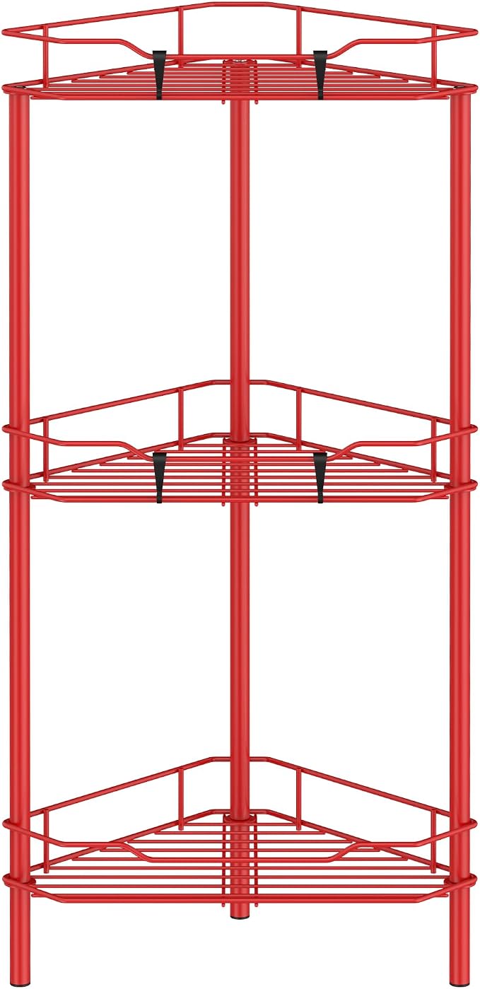HuggieGems 3 Tier Floor Standing Corner Shower Caddy Organizer Shelf with Hooks, Bathroom Shelves Stand Rack, Red by HuggieGems
