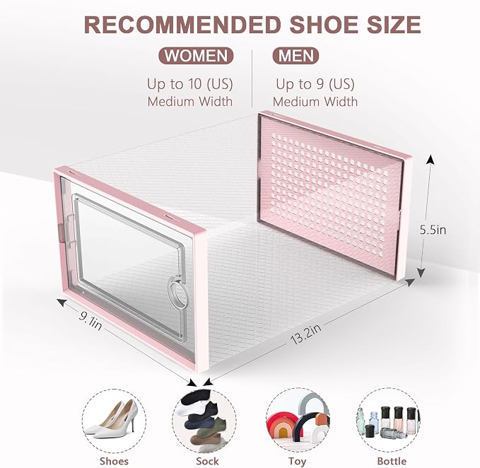 Kuject Shoe Organizers Storage Boxes for Closet, 12 Pack Clear Plastic Stackable Storage Bins with Lids, Under Bed Shoe Containers for Entryway, Drop Front, Fit up to Women's Size 10,Pink - Image 3