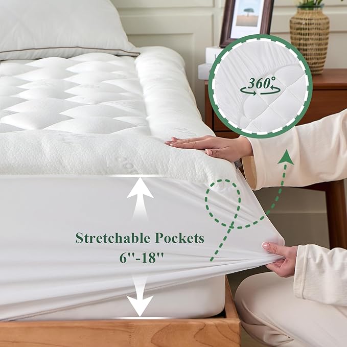 California King Mattress Topper, Viscose Derived from Bamboo Thick Pillow Top Mattress Pad with Deep Pocket, Naturally Cooling for Hot Sleepers, Soft for Back Pain Relief, White