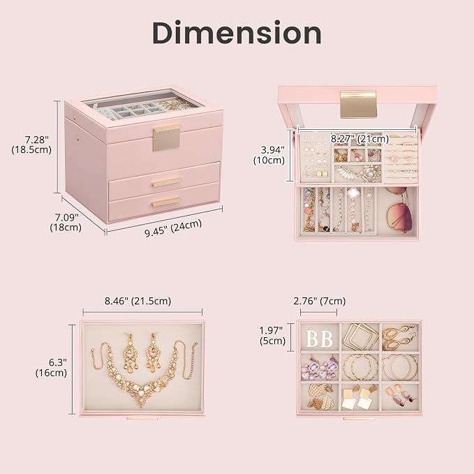 Lolalet Jewelry Box, Clear Window Jewelry Organizer with Drawer for Earrings Bracelets Necklaces Rings, Jewelry Storage for Women -Pink, 4 Layers - Image 6