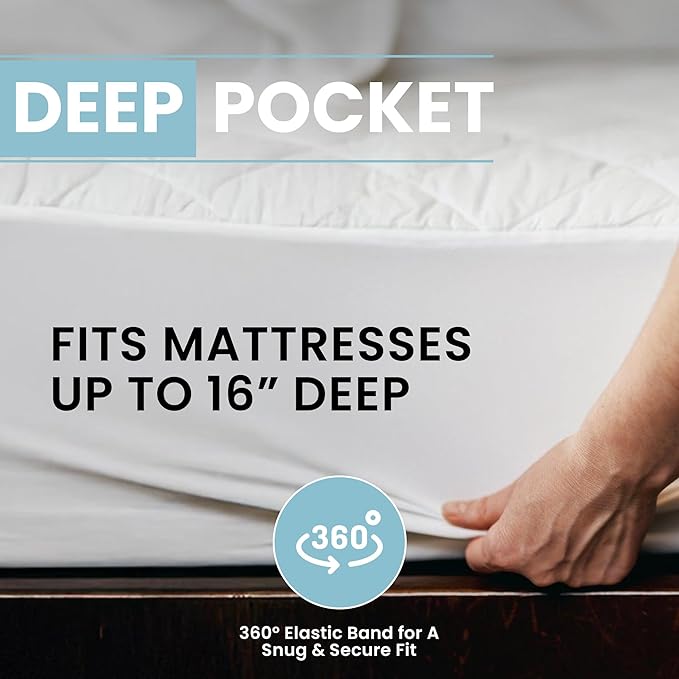 Twin Mattress Protector, Waterproof, Breathable, Luxury Quilted, Machine Washable, White, 38 x 75 x 16 inches