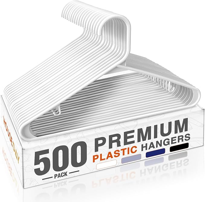 HOUSE DAY 500 Pack Plastic Clothes Hangers, Commercial Bulk Shipment for Business, Sturdy Durable Lightweight Hangers White Ideal for Retail Dry Cleaners Warehouses, Save Cost & Warehouse Space by HOUSEDAY