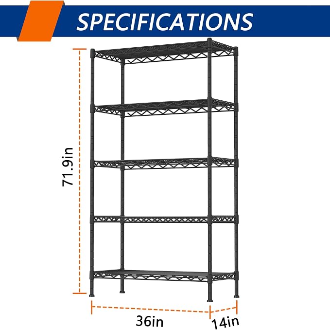 Soywey 5-Shelf Adjustable Heavy Duty Storage Shelving Unit, Metal Organizer Wire Rack for Laundry Bathroom Kitchen Pantry Closet, Black - Image 3