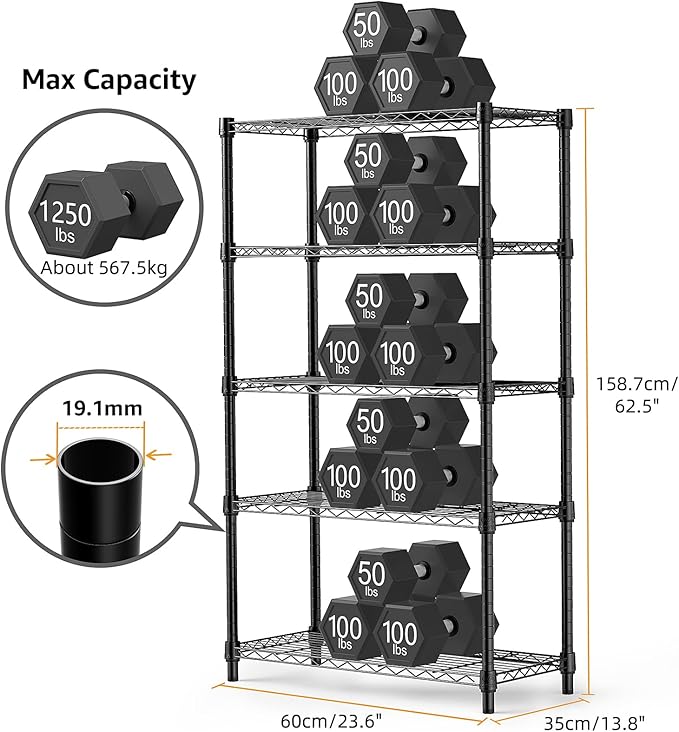 M MZG 1250 lbs Storage Shelving Utility Shelving Unit 5-Tier Utility Shelving Unit Steel Organizer Wire Rack for Home,Kitchen,Office (13.7" D x 23.6" W x 62.4" H) - Image 3
