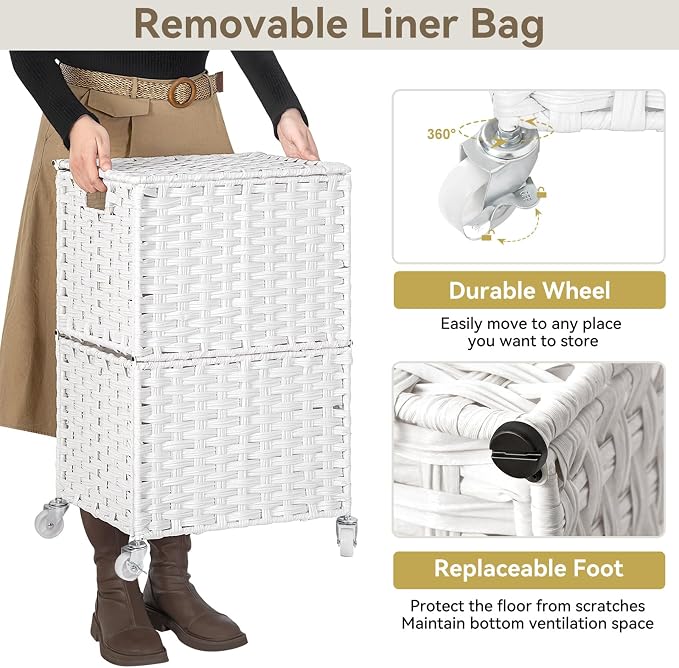 Chrislley 90L Slim Laundry Hamper with Wheels, Rolling Laundry Basket with Lid and Renovable Liner Bag, Handwoven Rattan Organizer for bedroom, bathroom, laundry room (White) - Image 5