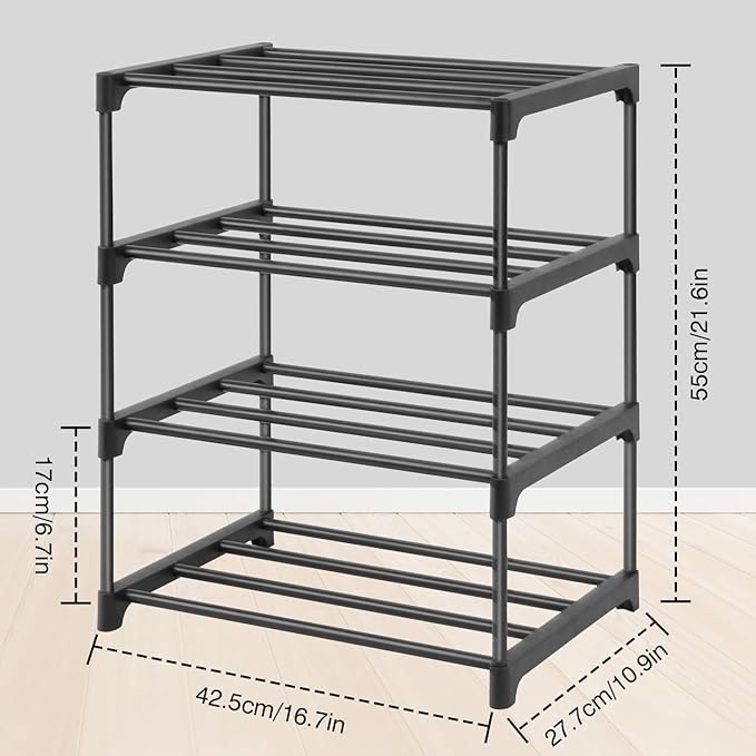 HITHIM 4-Tier Small Shoe Racks, Narrow Shoe Rack for 6-8 Pairs Shoe Storage,Kids Shoe Racks for Small Place,Lightweight Stackable Shoe Shelf Organizer for Closet,Black - Image 3