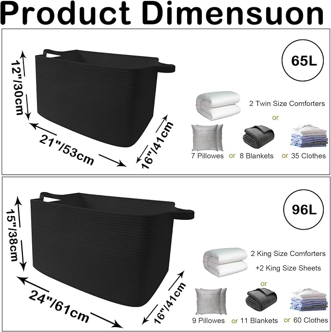 96L Large Blanket Basket,24"x16"x15"Rectangle Storage Bin with Handles,Woven Rope Laundry Basket for Toys, Clothes,Magazines,Home Organization,Nursery,Living Room & Bedroom,Black - Image 2