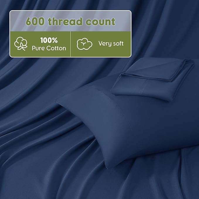 SONORO KATE 100% Egyptian Cotton Sheets King Size - 600 Thread Count, Luxury Hotel Sateen Weave Bedding Set, Soft Breathable Sheet Sets, 16" Deep Pocket - 4 PC(Navy Blue,King)