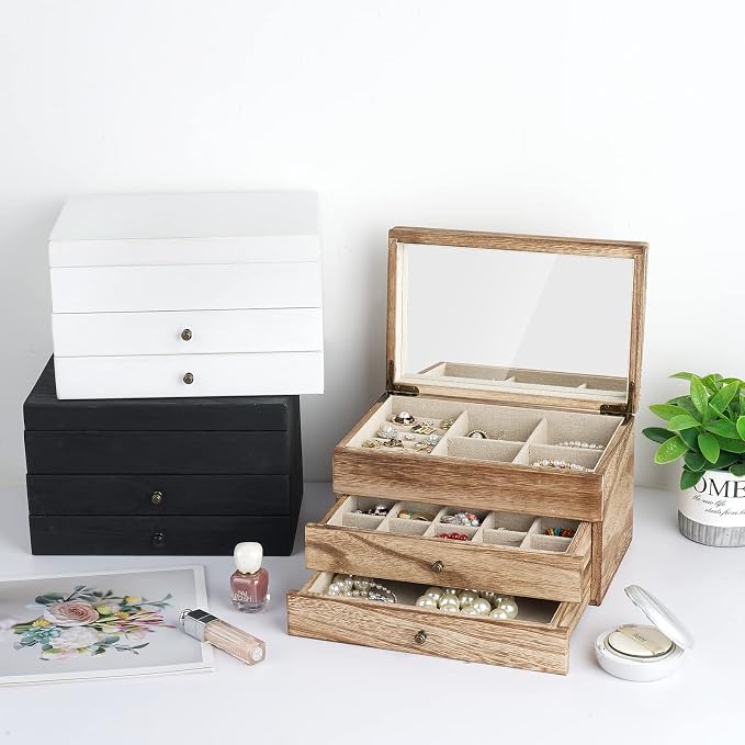 Meangood Jewelry Box Organizer for Women, 3 Layer Large Jewelry Storage Case, Rustic Wooden Jewelry Box with Mirror & Ring Tray for Necklace Earring Bracelets Rings, Vintage Style (Carbonized Black) - Image 2