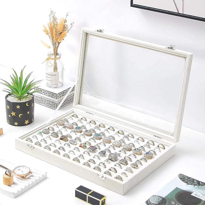 Ring Display Case, Jewelry Organizer Box, Earring Holder for Girls, Velvet Display Tray (Beige, 100 Slots) - Image 2