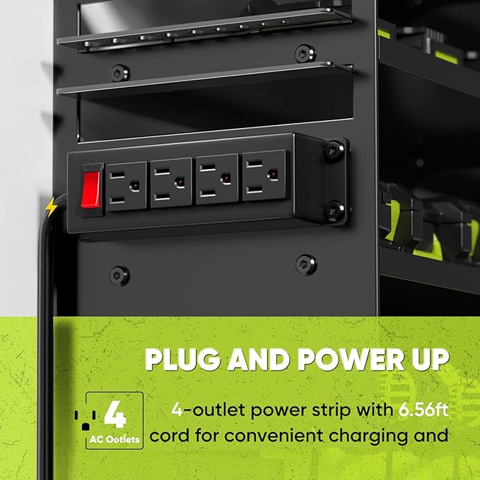 POKIPO Large Power Tool Organizer Wall Mount with Charging Station,4 Layer Heavy Duty Metal Tool Storage Rack Loads 600lbs with 8 Cordless Drill Holder,Battery Utility Rack Loads with 4 Power Strip - Image 2