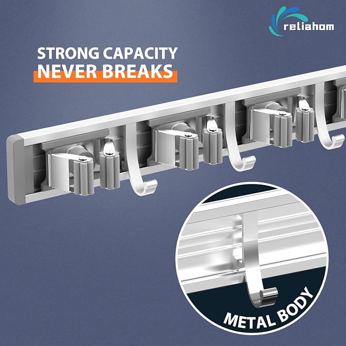 reliahom Broom Holder Wall Mount, 5 Racks with 4 Hooks Silver - Mop Storage Tool Racks, Broom Hanger Tool Organizer for Garage, Kitchen, Garden, Laundry Room - Image 2