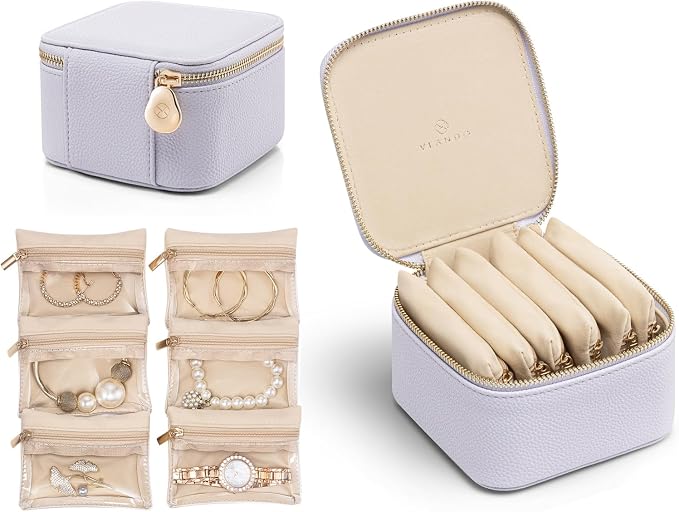 VLANDO Travel Jewelry Box Organizer – Portable PU Leather Jewelry Case with 6/8/12 Zippered Pouches, Compact Storage for Earrings Rings Necklaces Bracelets, Lilac Purple by VLANDO