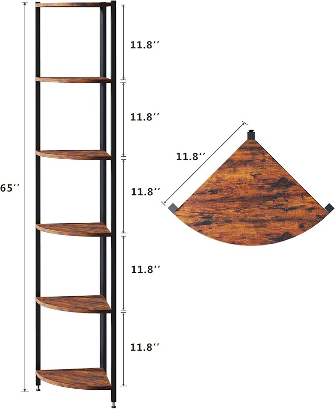 Corner Shelf with LED Lights, 6-Tier Corner Bookshelf, 66'' Organizer Book Shelf Shelves Steel Frame Display Stand with Living Room, Bedroom, Study, Rustic Brown - Image 2
