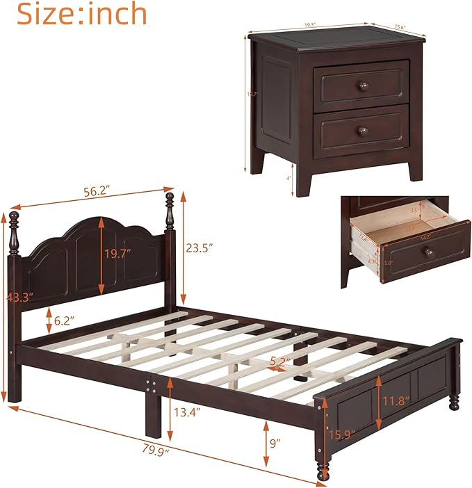 Harper & Bright Designs 3-Piece Full Bedroom Set, Walnut Full Size Wood Platform Bed with 2 Nightstands, Retro Design, Easy to Assemble