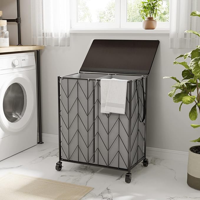 WOWLIVE Laundry Basket with Wheels, Heavy Duty Laundry Hamper with Wood Lid, Clothes Hamper with Divided Removable Liner Bag, Large Capacity Iron-Made Laundry Sorter Laundry Room Organization (Grey) - Image 3
