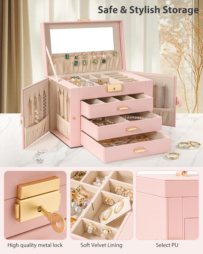AKOZLIN Large 4-Tier Jewelry Box Leather Jewelry Storage Organizer with 3 Drawers Lockable for Women Girls Ring Necklace Earring Bracelet Watches Holder with Mirror Pink - Image 6