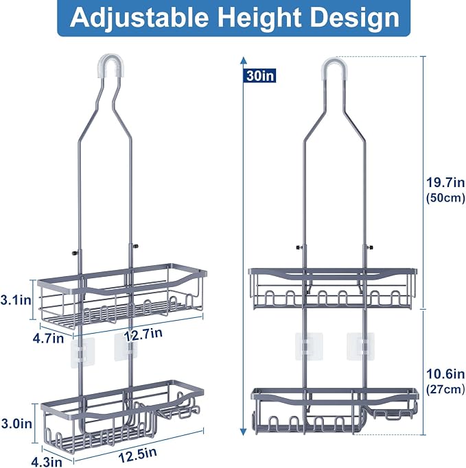 Shower Caddy, Upgraded Extended Length Shower Caddy Over Showerhead No Blocking to Showerhead, Rustproof Bathroom Organizers and Storage with Hooks Shampoo Soap Holder, Large Hanging Caddy - Image 2