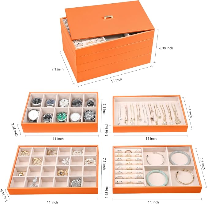 Voova Stackable Jewelry Organizer Tray with Lid, PU Leather Jewelry Storage Holder for Drawer Inserts, Jewellery Display Box Case for Earring Necklace Ring Watch Bracelet (Set of 4, Orange) - Image 5