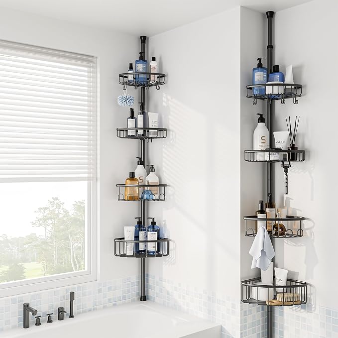 Corner Shower Caddy Tension Pole: Stainless Steel Rustproof 4-Tier Shower Organizer - 47-121 inch Adjustable Bathroom Shelves for Bathtub Shampoo Storage - Tension Rod Floor Standing Bath Rack - Black - Image 7