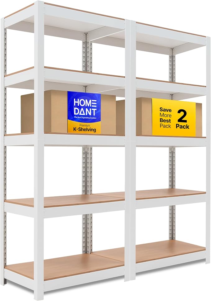 HOMEDANT House 24.4" W 5 Tier Heavy Duty Garage Shelving Adjustable Metal Rack Storage Shelves Standing Shelf Unit Organizers Pantry Closet Office White 2Pack by TheBestOrganizingSolution