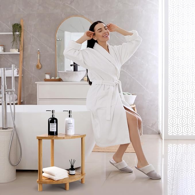 Upgraded Bamboo Corner Shower Stool for Inside Shower Waterproof,2-Tier Shower Foot Rest with Storage Shelf,Corner Shower Shelf Bench Caddy Shaving Leg,Bath Seat,Gifts for Women Mom - Image 4