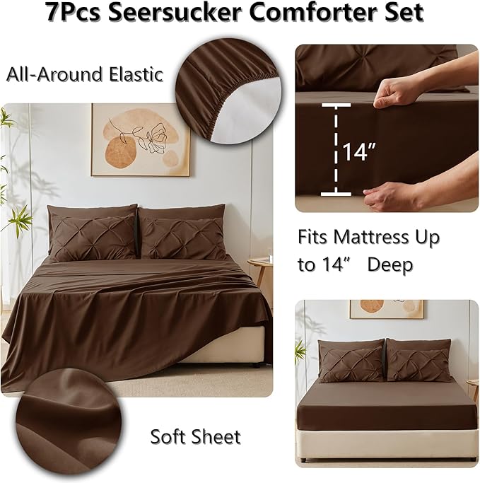 CozyLux Queen Comforter Set Brown, 7 Pieces Pintuck Bed in A Bag, Premium Brown Comforter Queen Size, Pinch Pleat Bedding Sets with Comforter, Sheets, Pillowcases & Shams