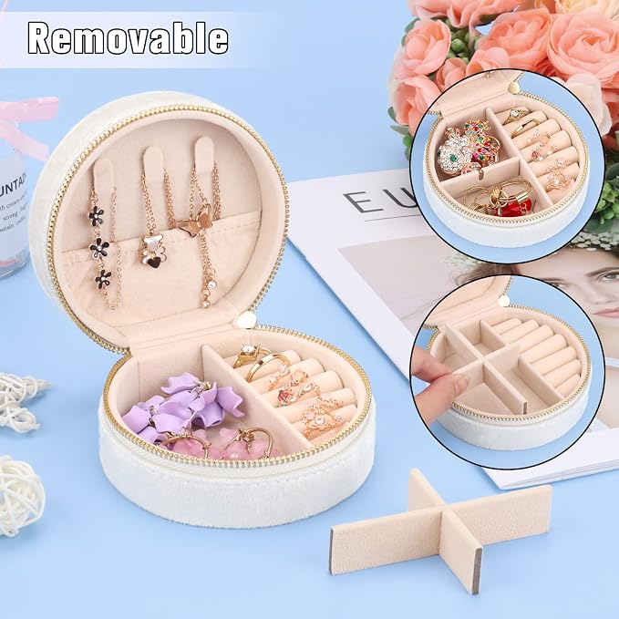 DesignSter Travel Jewelry Box - Velvet Mini Jewelry Organizer, Small Jewelry Case for Girls Women, Jewelry Storage Box for Rings Earrings Necklace (Circular, Cream Beige) - Image 3