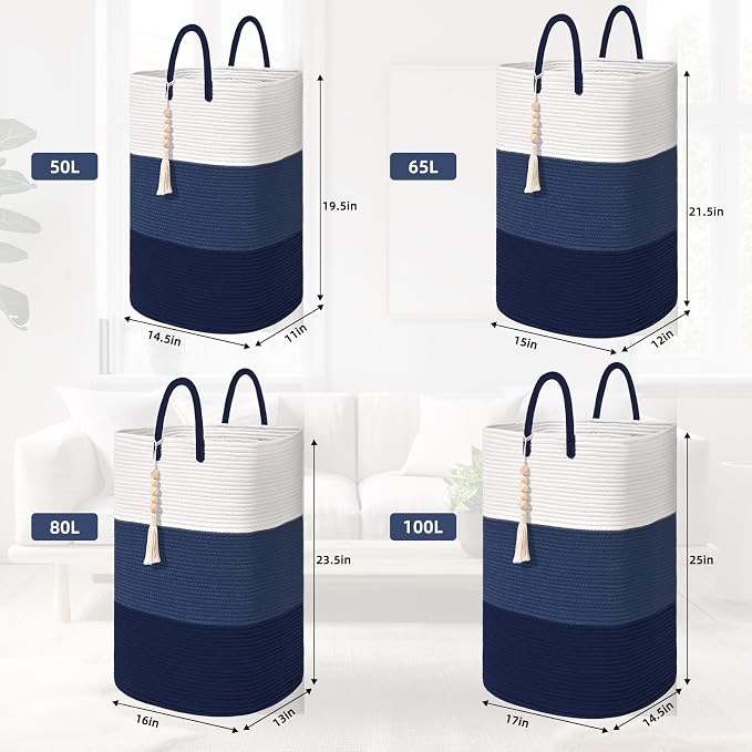 Woven Laundry Basket for Clothes,65 L Large Rectangle Laundry Hampers with Beads Tassel, Nursery Storage Basket for Toys, Tall Dirty Clothes Hamper for Bedroom Aesthetic, Laundry Room Organization - Image 3