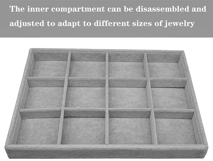 Large Velvet Jewelry Tray, Drawer Organizer for Jewelry in Dresser, Stackable Jewelry Drawer Organizer Inserts for Earring Necklace Bracelet Rings(Grey,12grid) - Image 2