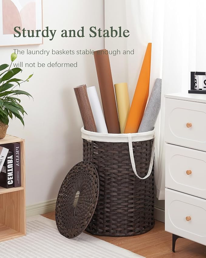 SETVSON Laundry Basket with Lid Round Rattan Laundry Hamper with Lid and Handles 29.1 Gal (110 L) Handwoven Woven Basket with Removable Bags and 2 Mesh Bags for Bathroom Living Room Brown - Image 6