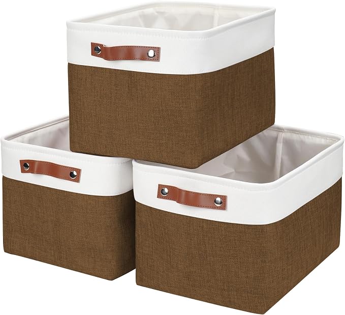 Bagnizer Storage Bins Large Fabric Storage Baskets for Shelves 3 Pack, Decorative Linen Closet Baskets with Handles for Organizing, Shelf, Clothes, Home, Office, 15x11x9.5Inches (Brown&White) by Bagnizer