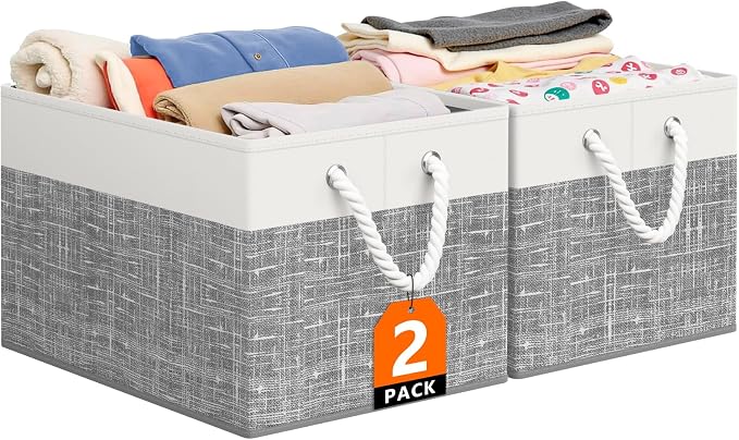 StorageTastic Storage Bin,Collapsible Storage Basket For Organizing,Large Storage Boxes With Rope Handles,Storage Containers,White & Grey,2 Pack by StorageTastic